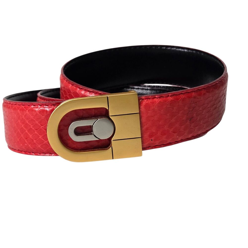 Vintage Womens Red Genuine Snakeskin Belt Gold Metal Buckle Waist Belt 37" - 41"